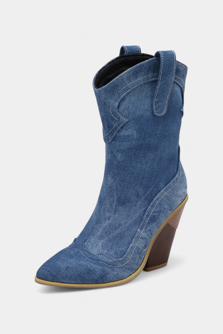 Soft Leather Western Ankle Boot with Pointed Toe and Chunky Heel