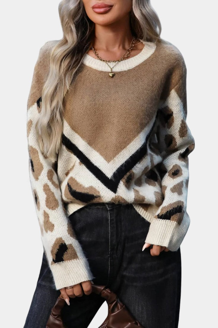 Leopard Print Ginette Sweater with Bold Stripes