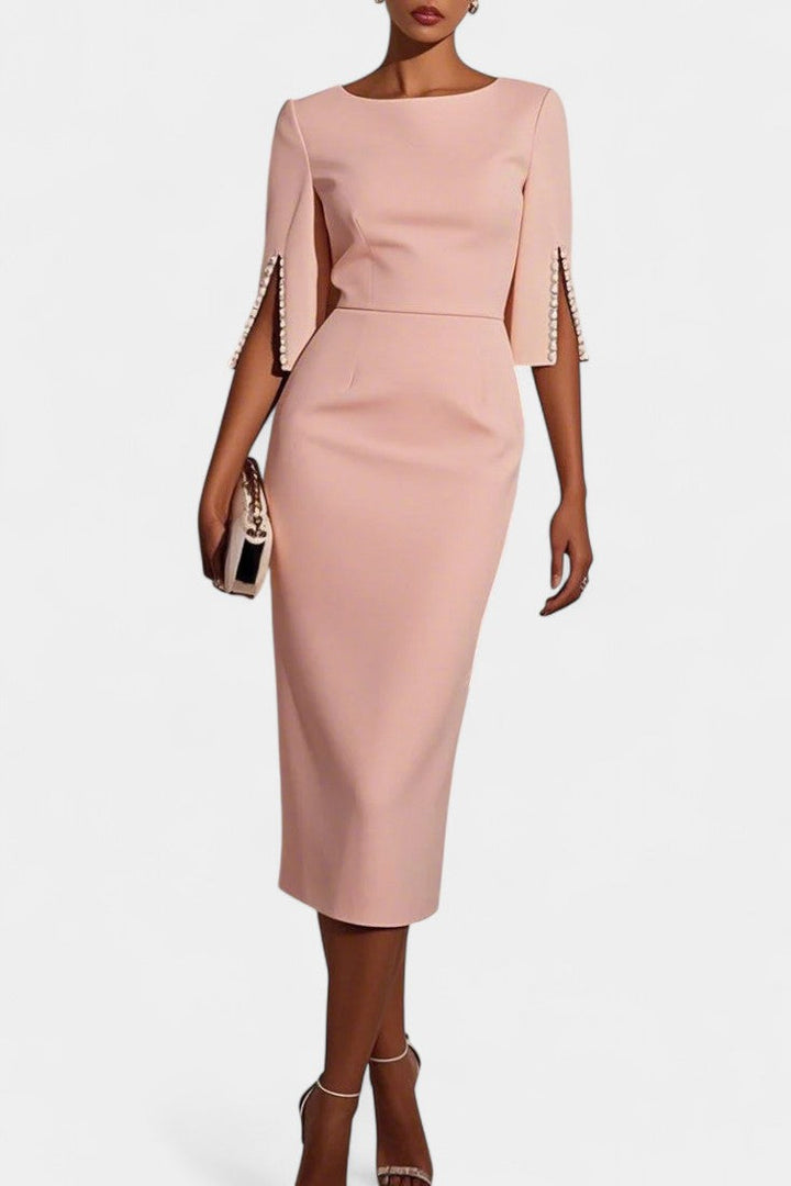 Reece Midi Dress Featuring Timeless Pearls and Classic Accents