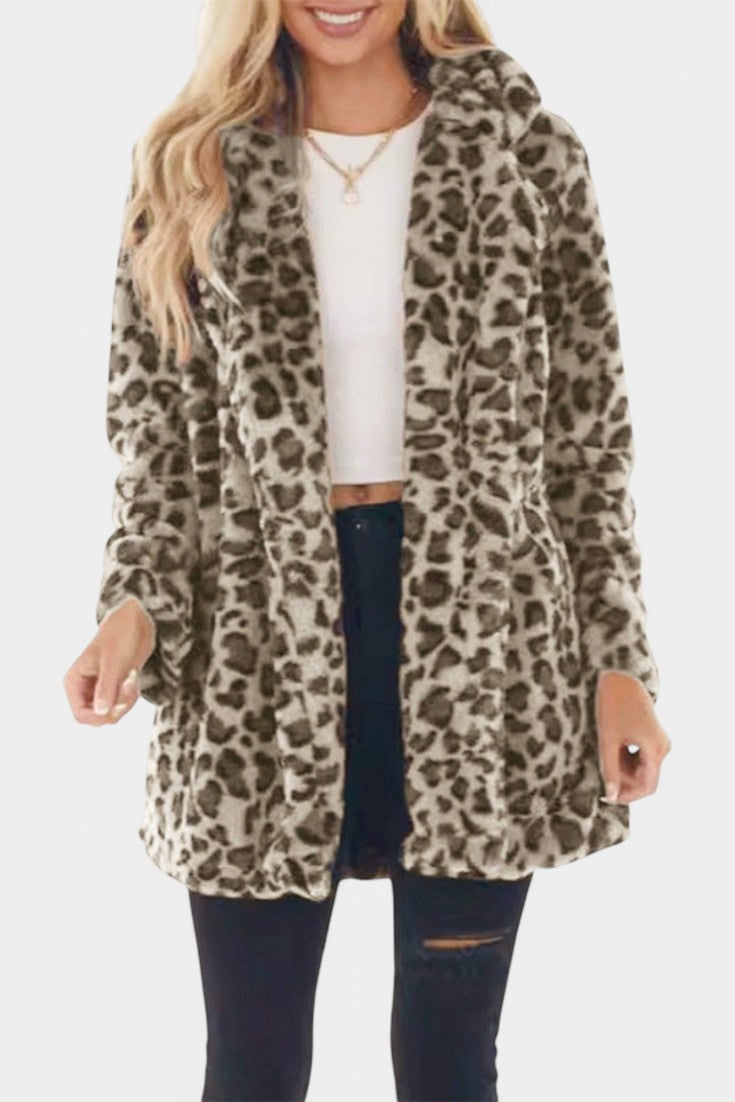 Énola Leopard Print Faux Fur Coat with Pockets - Long Style