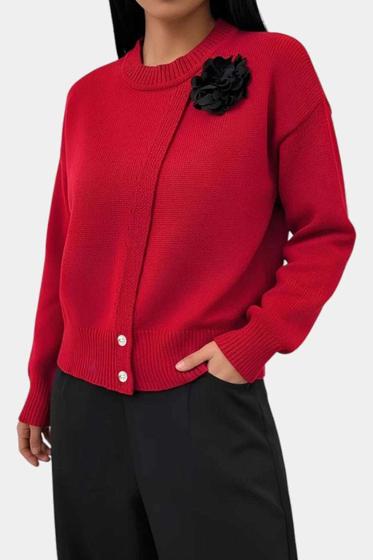 Carole Solid Color Knitted Sweater with Button Accents and Floral Embellishments