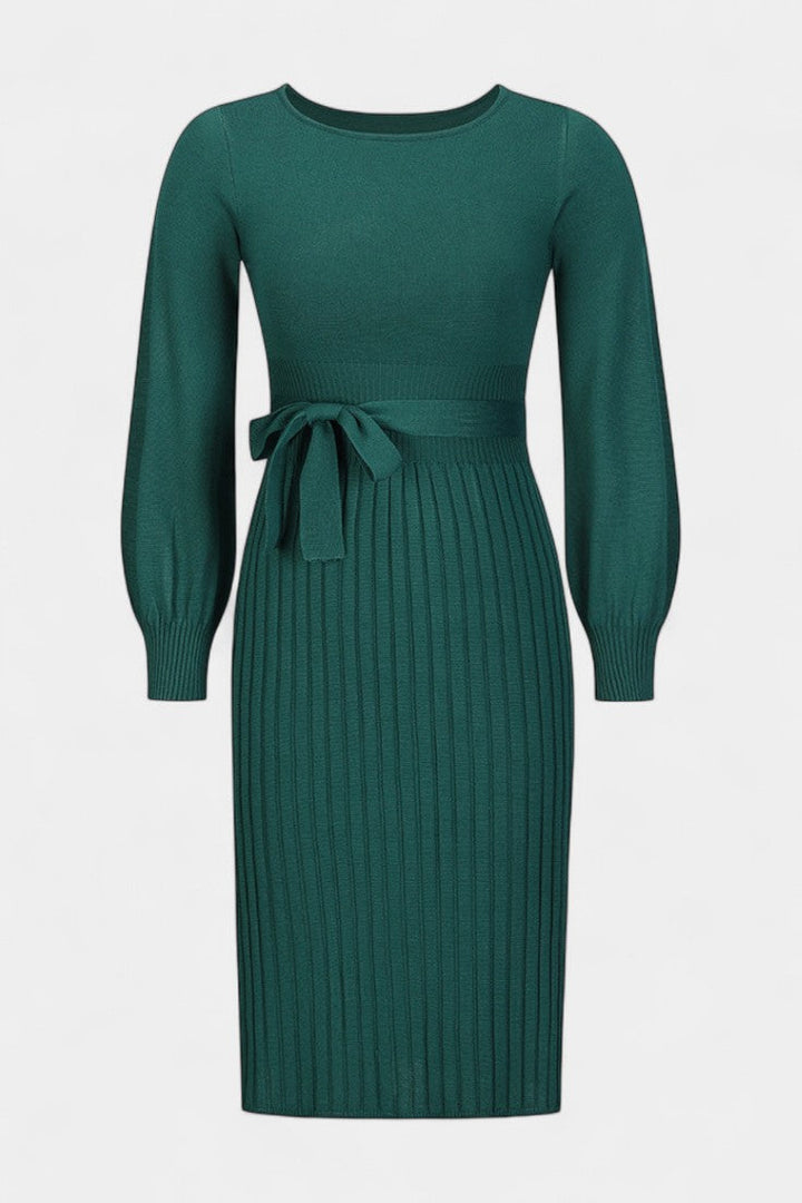 Chloéria Belted Midi Dress with Pleated Design and Ribbed Knit