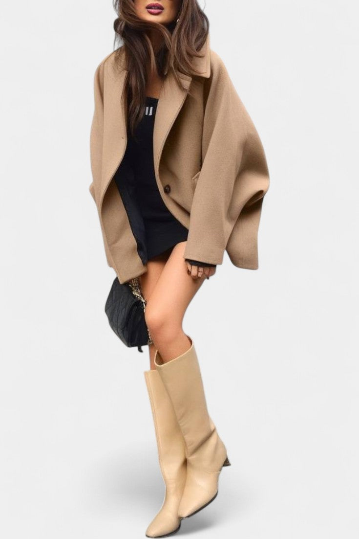 Ambreline Mid-Length Wool Batwing Coat featuring Notch Collar