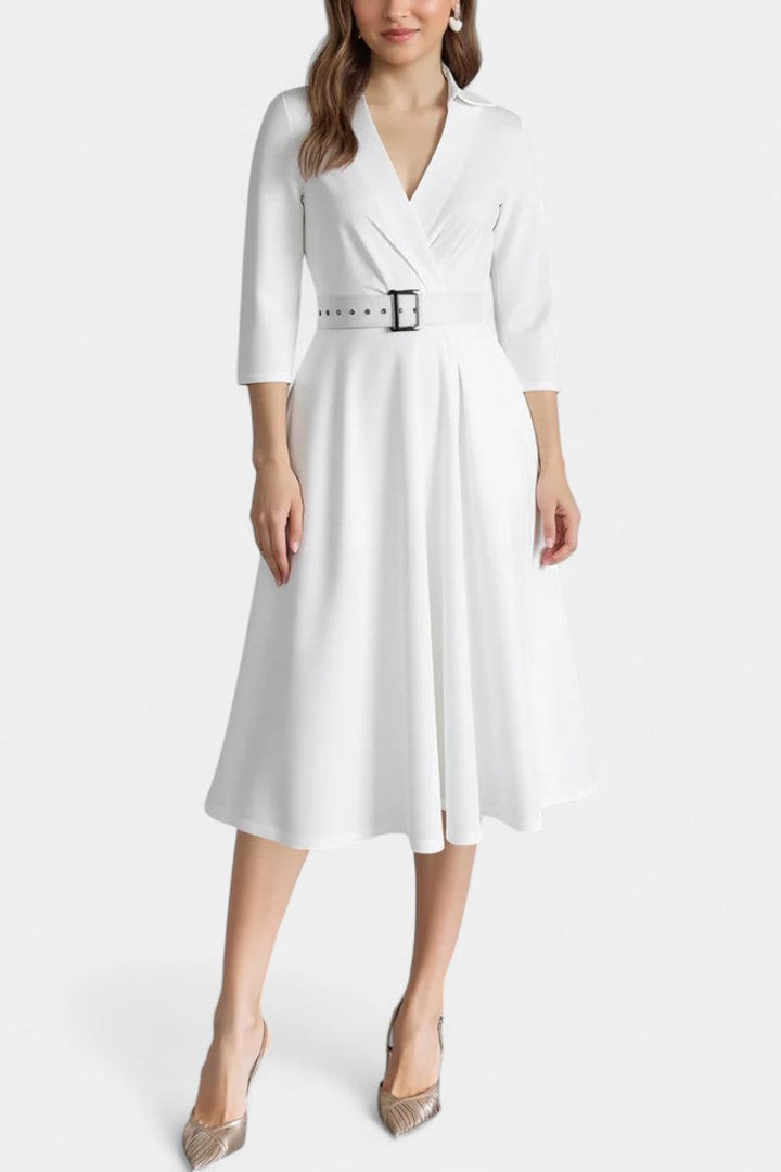 Constance Tailored Collar Midi Dress with 3/4 Sleeves and Belt