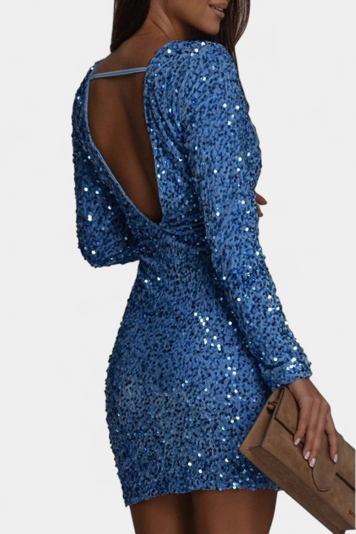 Adèle V-Neck Long Dress with Open Back and Glossy Finish