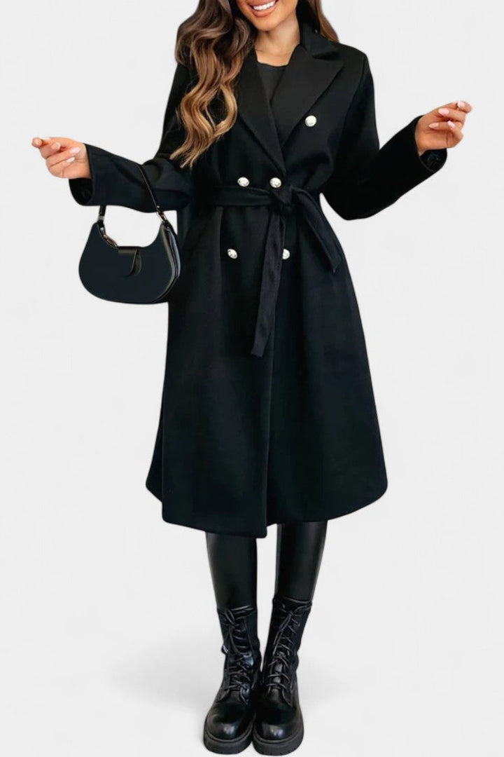 Miguelle Double-Breasted Coat Featuring a Tie Belt