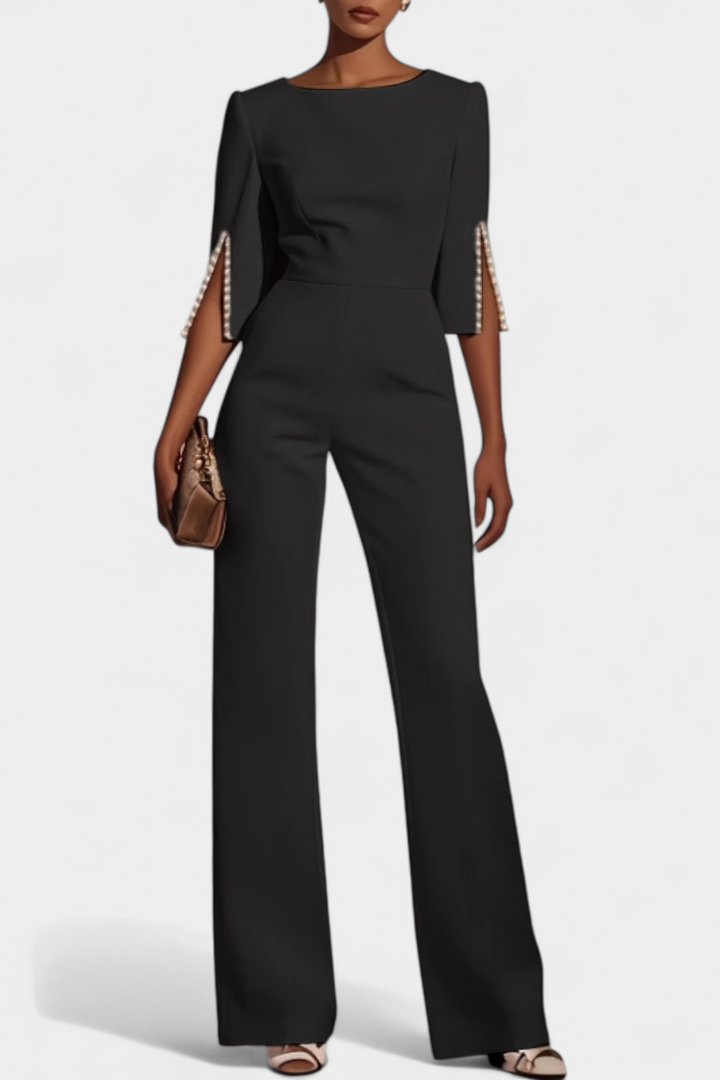 Chic Three-Quarter Sleeve Jumpsuit with Pearl Accents