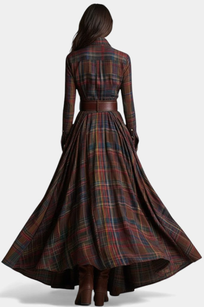 Eustelle Brown and Reddish Checkered Maxi Dress with Collar