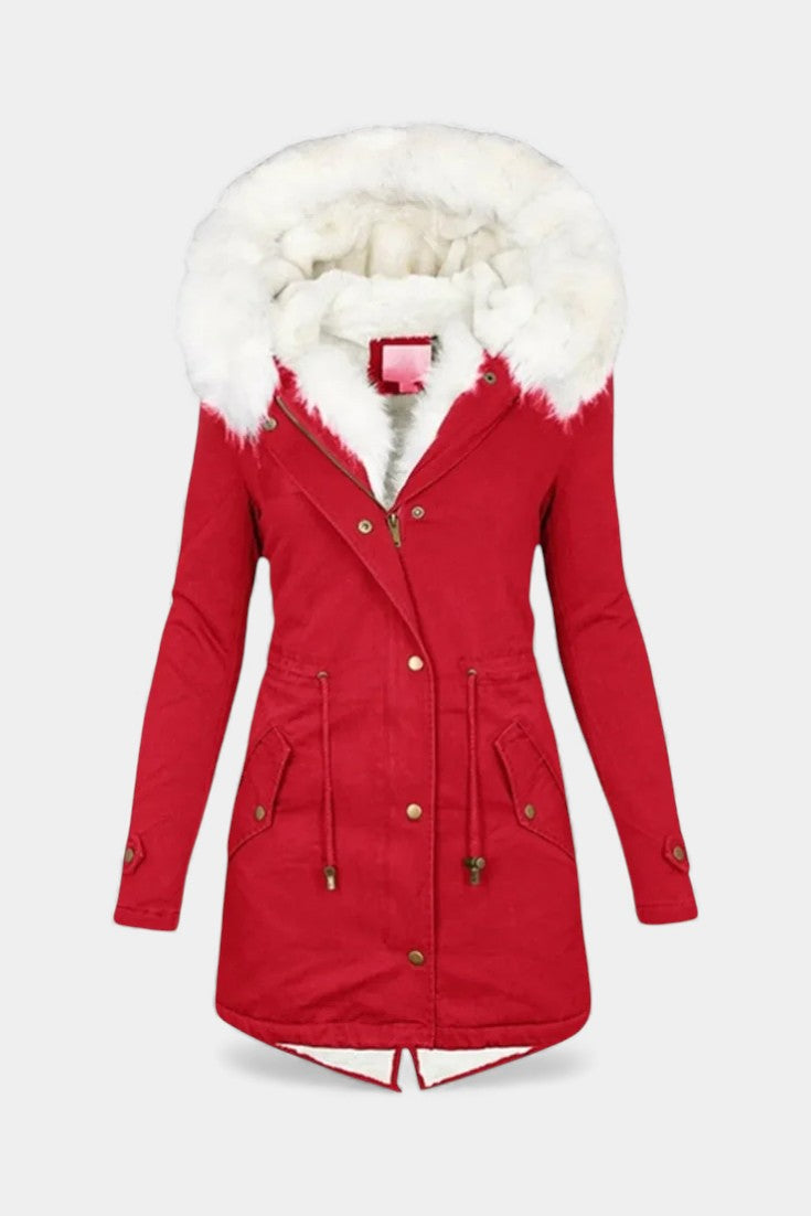 Lanra Faux Fur Trim Hooded Winter Parka with Belt