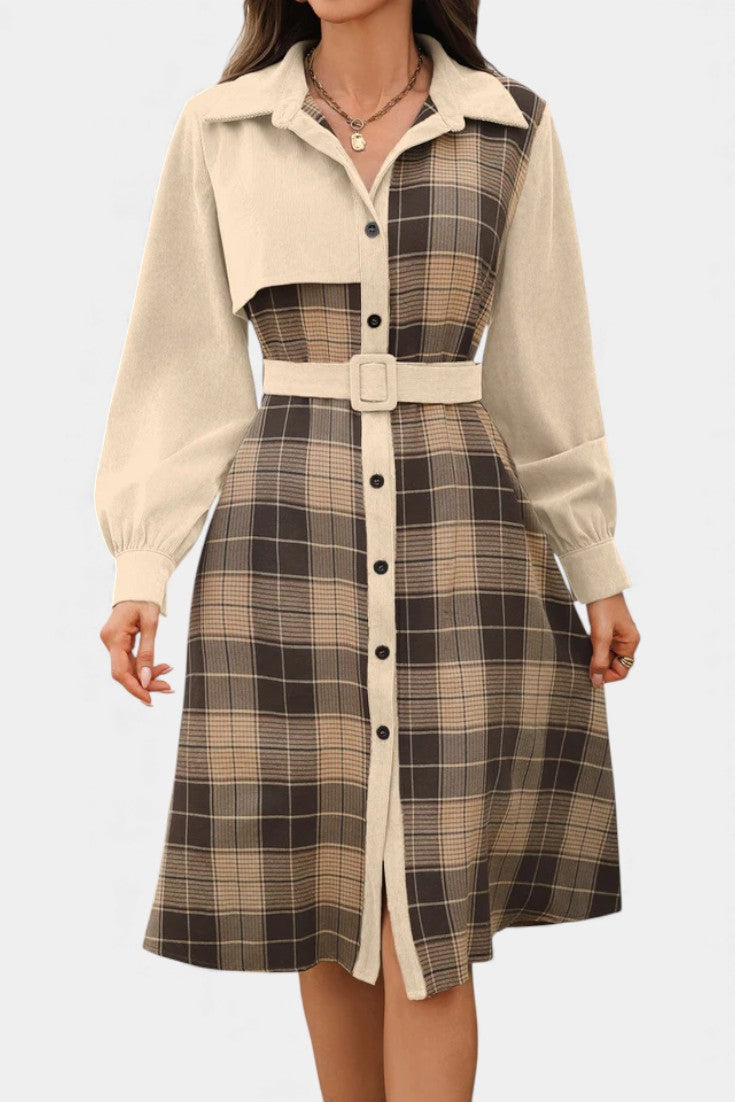 Naïla Checkered Shirt Dress with Belt - Mid-Length Style