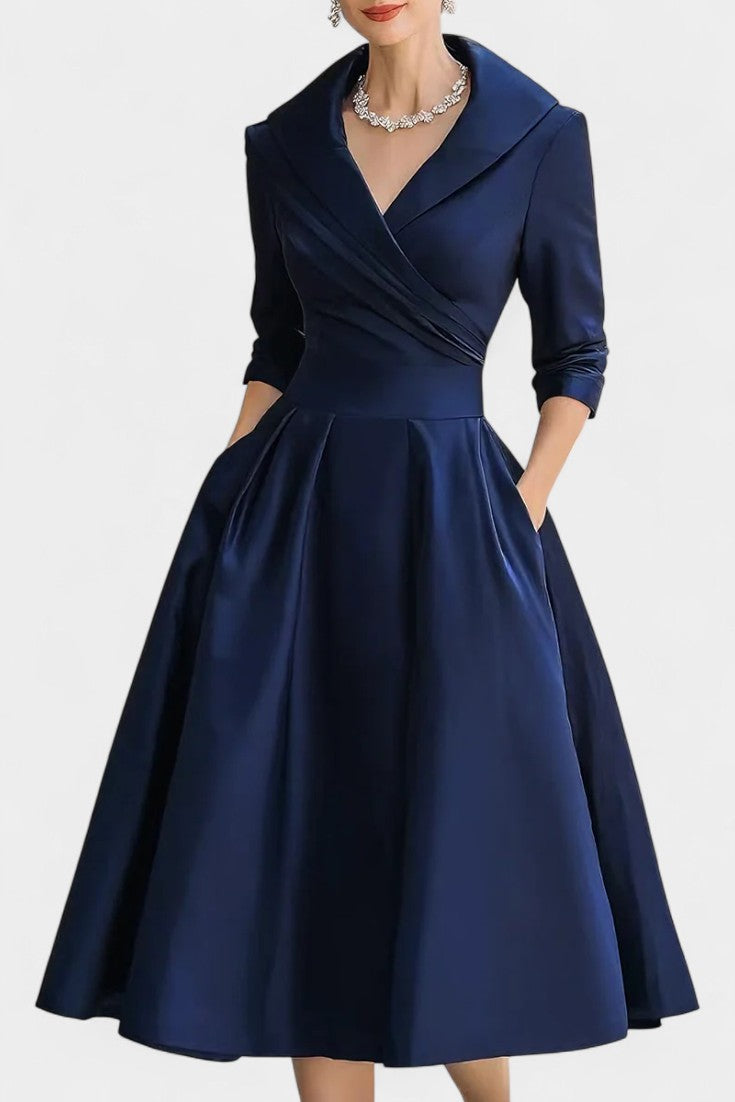 Solid Color Nixie Midi Dress with V-Neck and A-Line Silhouette