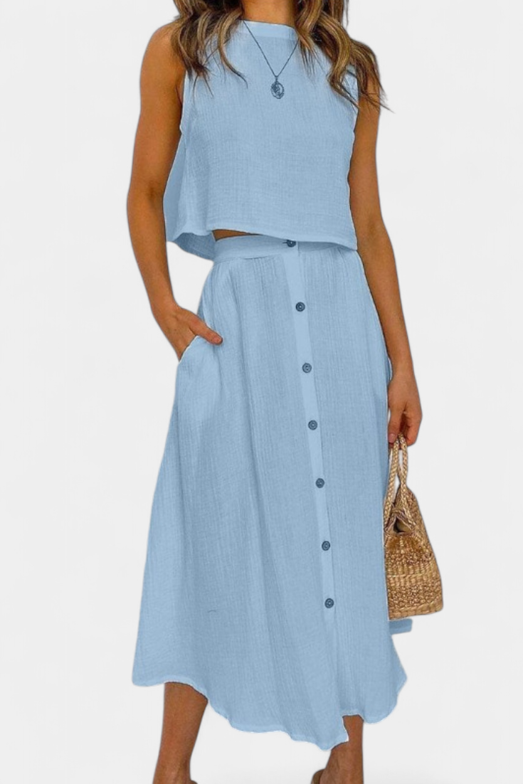 Naha Casual Cotton Ensemble with Center Button Detail and Midi Skirt