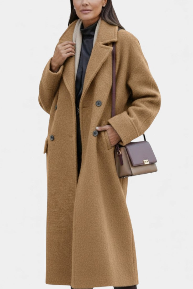 Camile Oversized Long Double-Breasted Coat with Notched Collar
