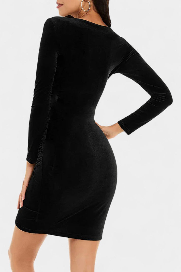 Aude Velvet Mini Bodycon Dress with Ruched V-Neck