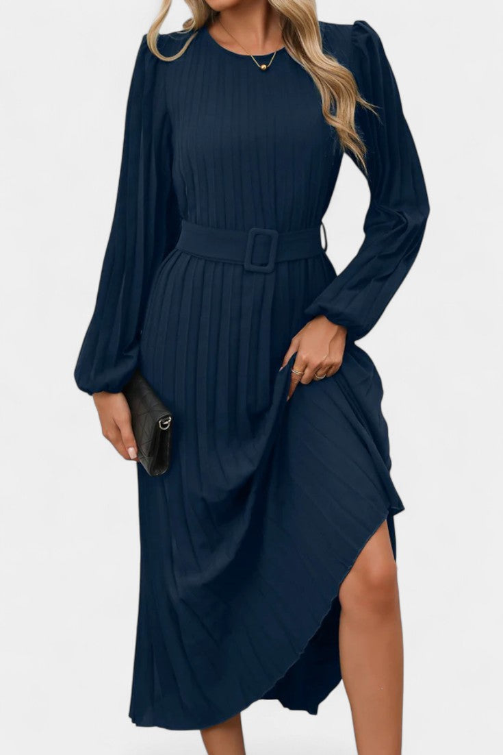 Christelle Puff Sleeve Long Pleated Dress with Belt