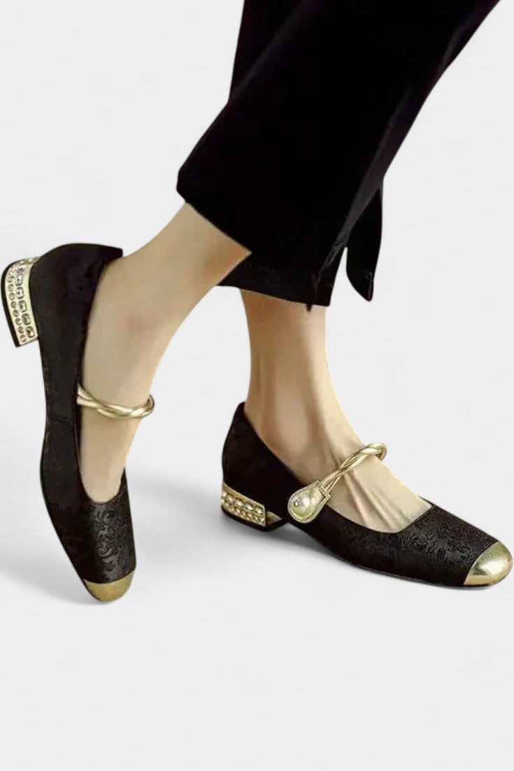 Mestelle Patent Leather Mary Janes with Square Heels and Beaded Accents