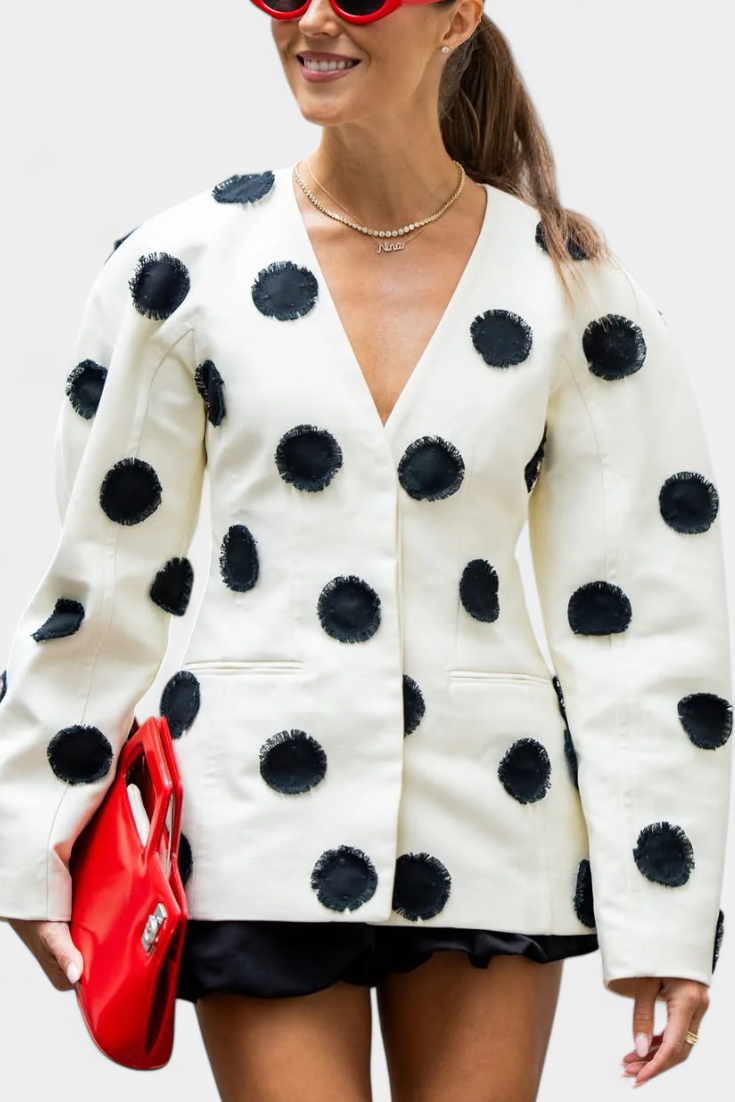 Clara Tailored White Blazer with Puff Dot Texture