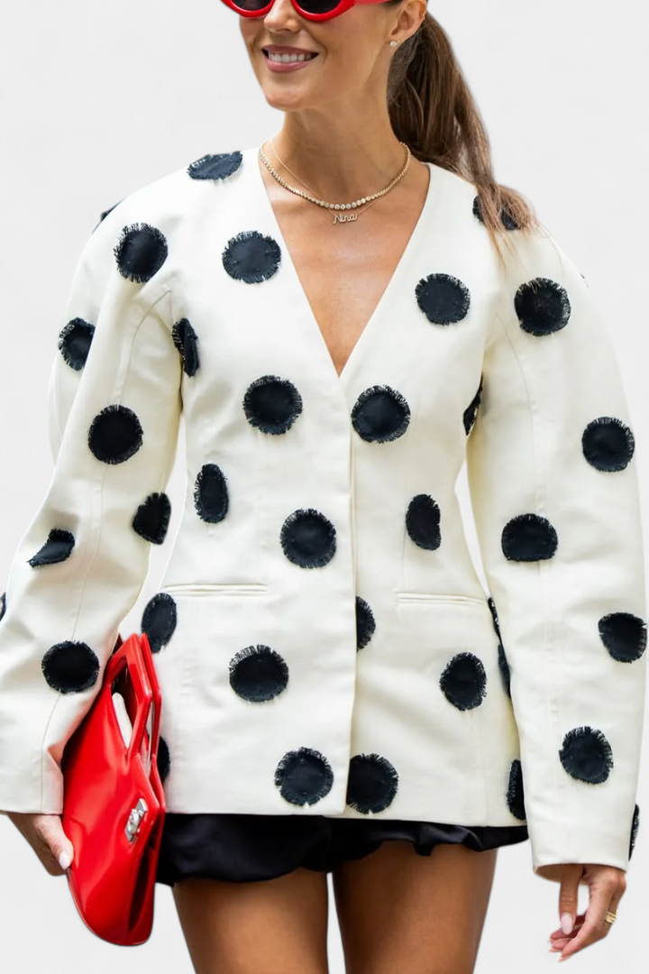 Clara Tailored White Blazer with Puff Dot Texture