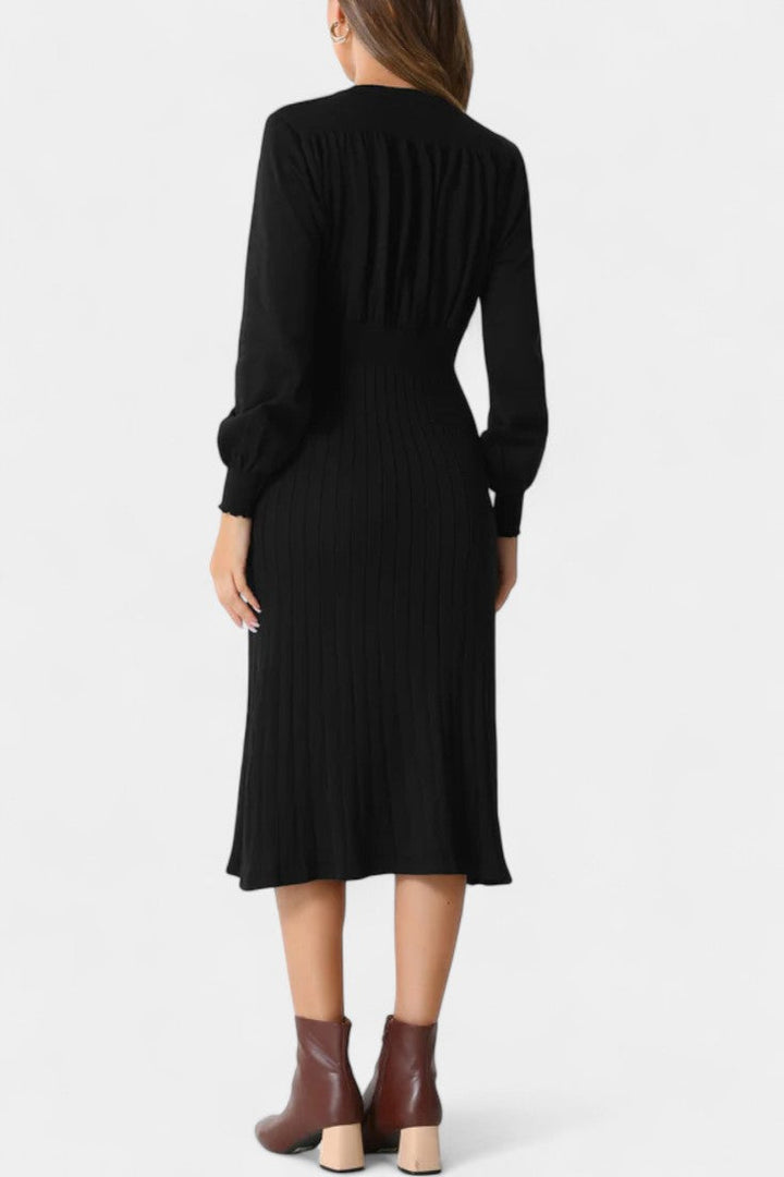 Arsina Ribbed Midi Dress with Lantern Sleeves and Round Neckline