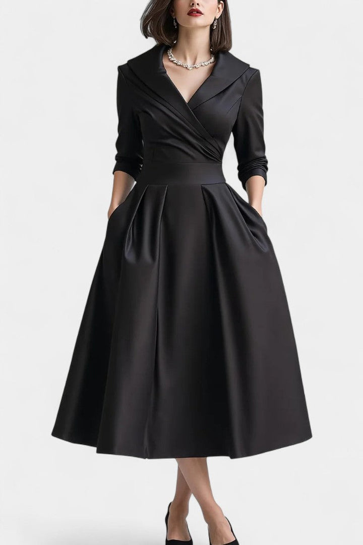 Solid Color Nixie Midi Dress with V-Neck and A-Line Silhouette