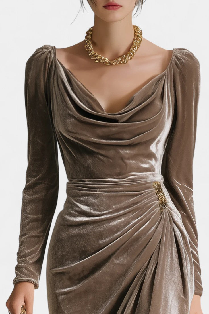 Chérane Velvet Midi Dress with Ruched Neckline and Tulip Hem