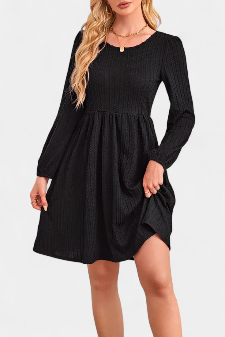 Dorothée Textured Flared Dress featuring Round Neck and Long Sleeves