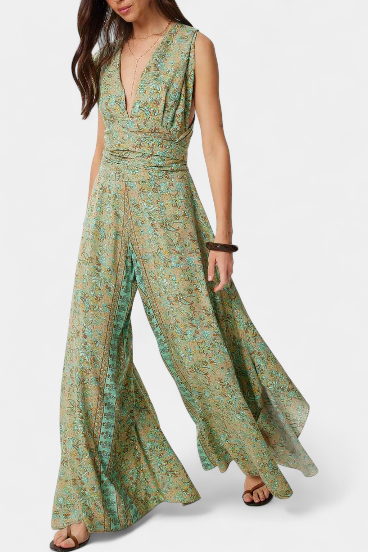 Leandra Floral Wrap Jumpsuit with Open Back Design