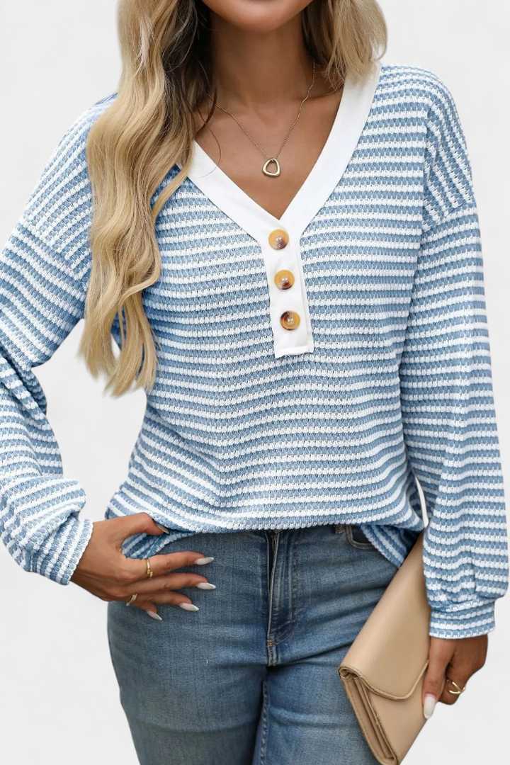 Rumer V-Neck Ribbed Button-Up Top