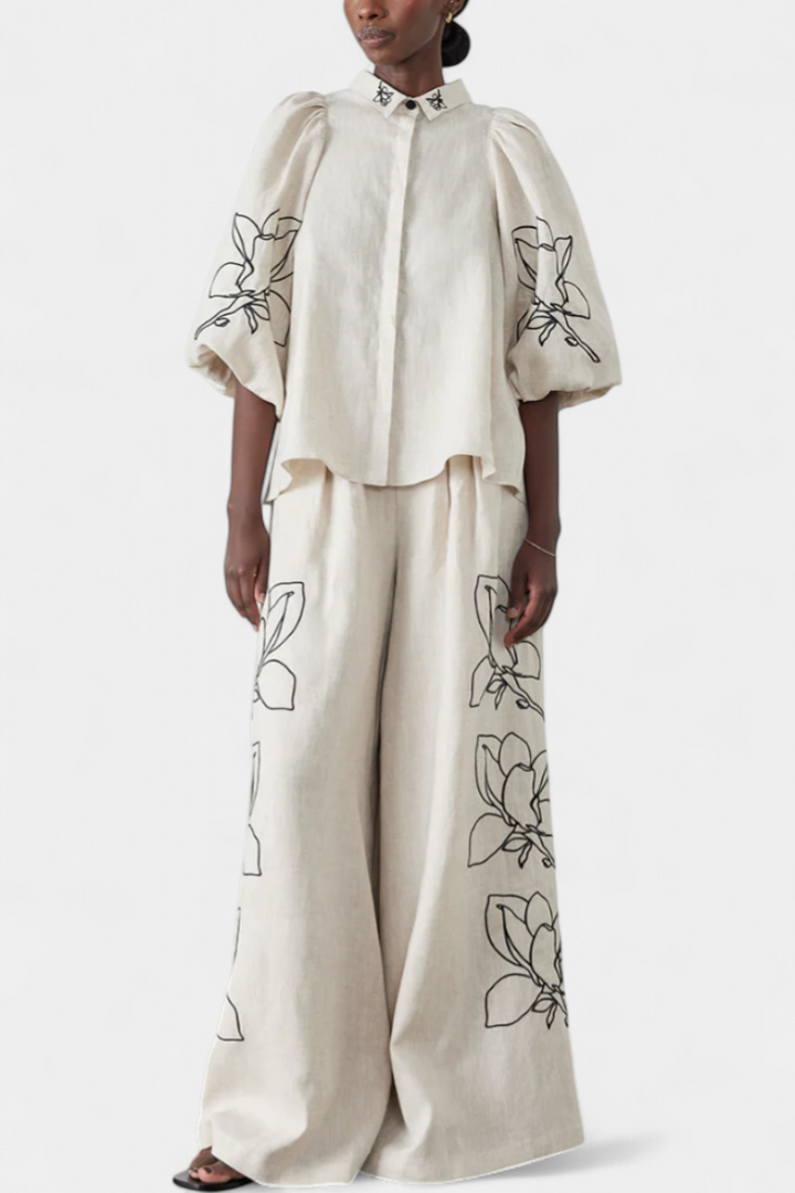 Helen Puff Sleeve Blouse & Wide-Leg Floral Linen Pants Set