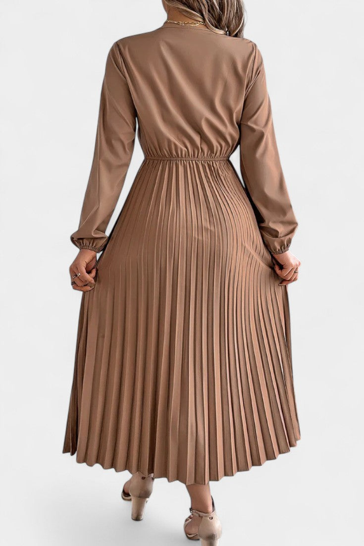 Séverine V-Neck Lace Dress with Long Puff Sleeves and Pleated Design