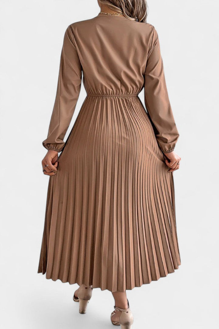 Séverine V-Neck Lace Dress with Long Puff Sleeves and Pleated Design