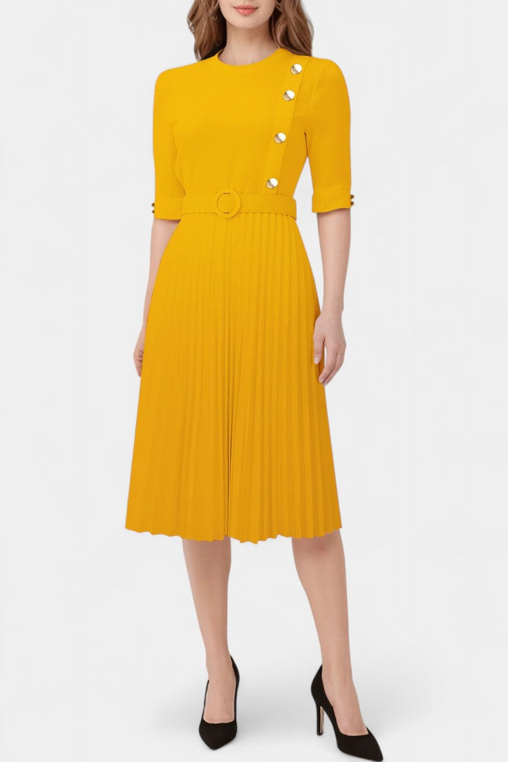 Zandie Chic Pleated Dress Featuring Stylish Button Accents