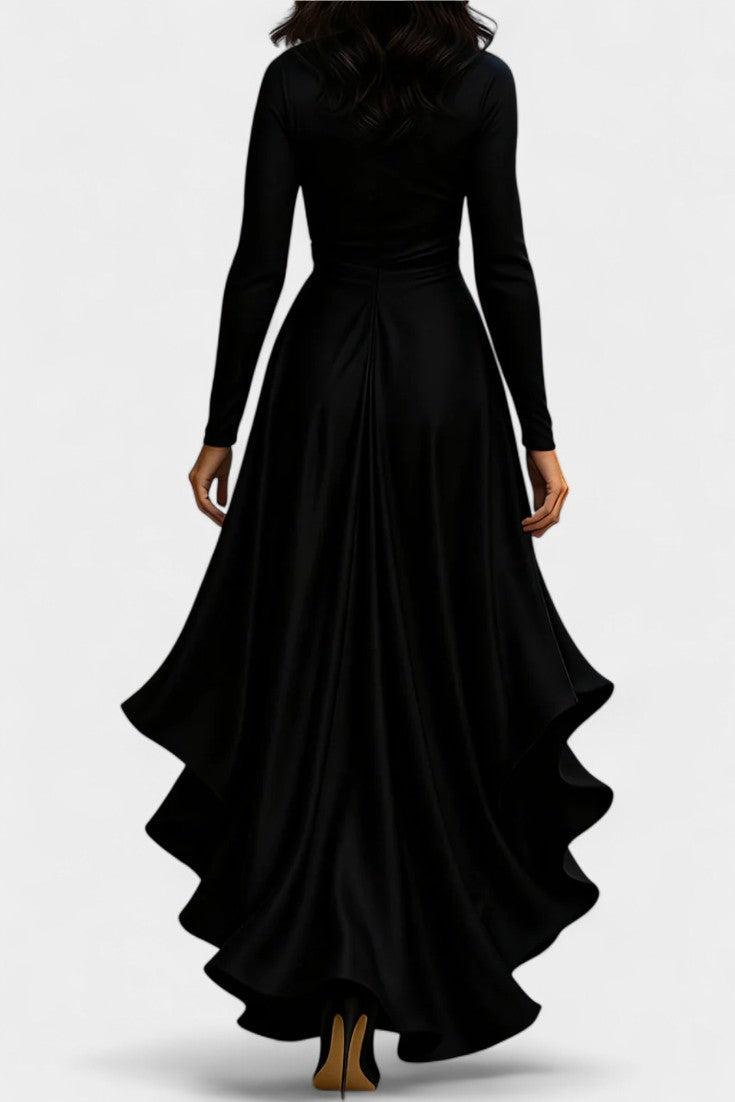 Isabeau Satin Dress featuring Ruffled Hem and Adjustable Belt