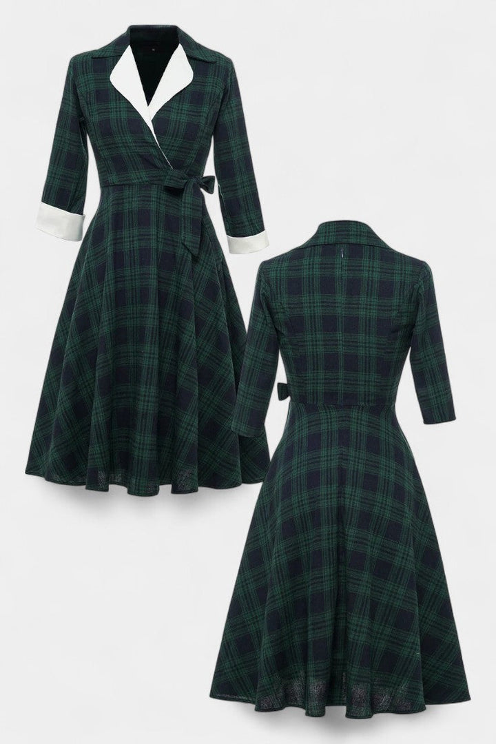 Marcelline Checkered Midi Dress with Flared Hem, Lace Accents, and 3/4 Sleeves