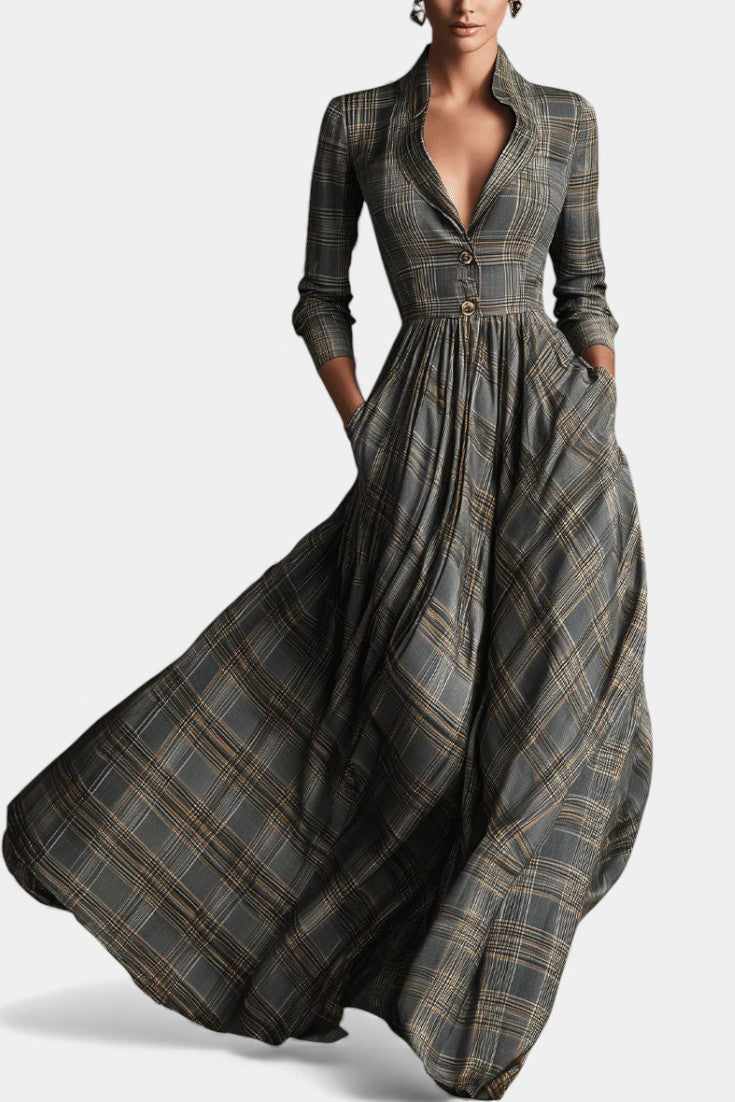 Philae Elegant Flared Dress Featuring a Sophisticated Tartan Design