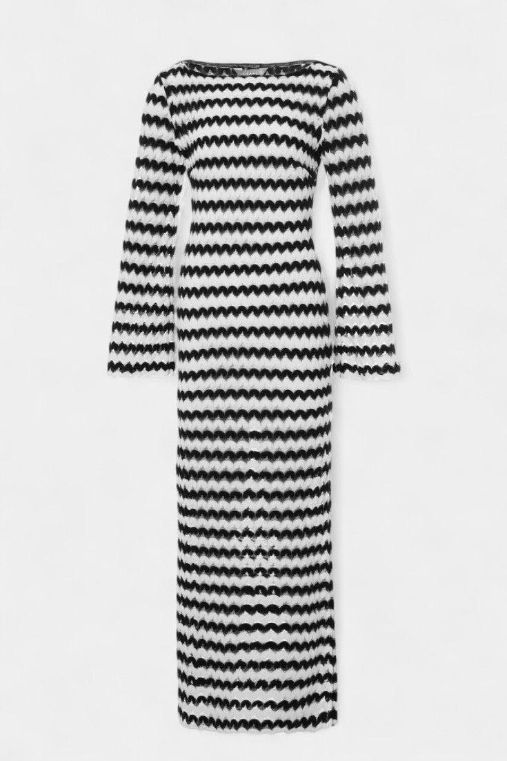 Ilaria One-Shoulder Long Knit Dress with Slit and Striped Design