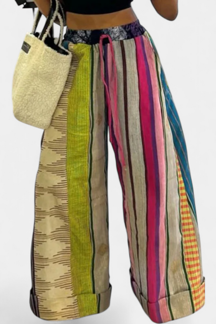 Claudine Striped Wide-Leg Trousers with Contrast Drawstring