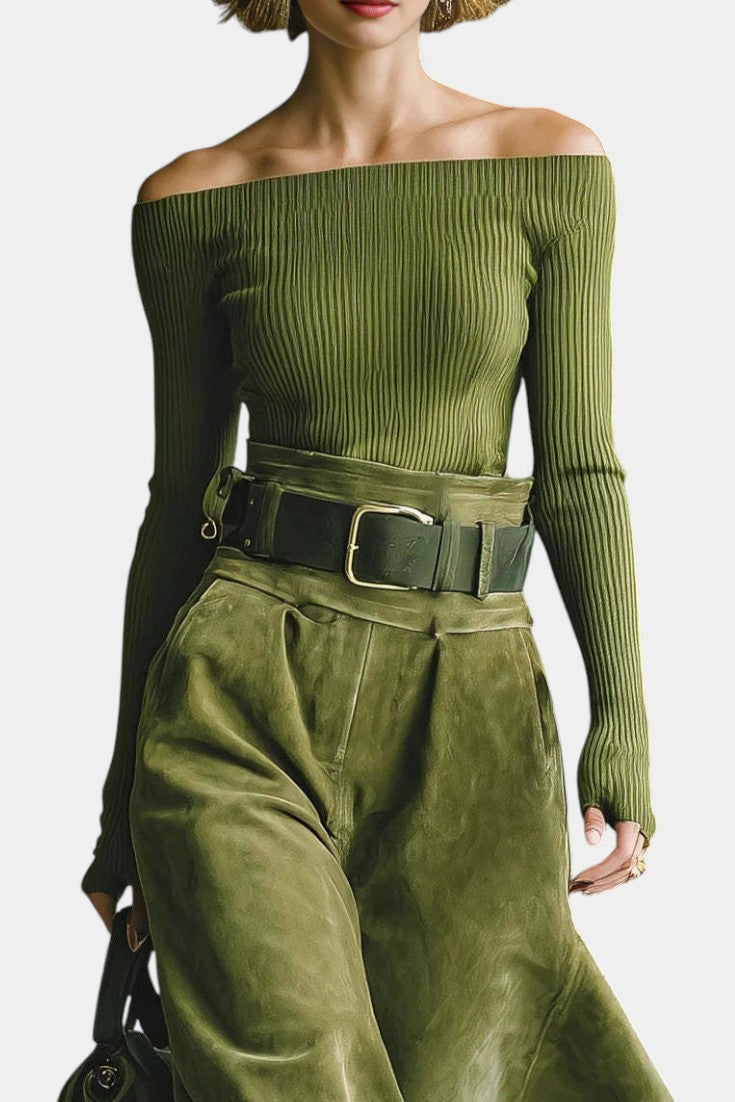 Atala Olive Off-the-Shoulder Top with Midi Suede Skirt Ensemble