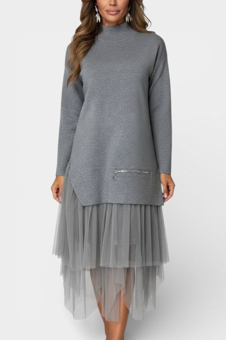 Fiorenza High Collar Knit and Tulle Dress