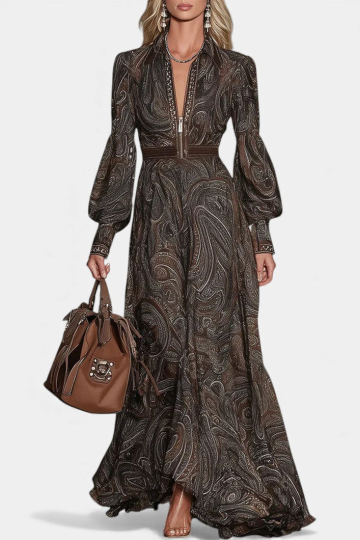 Clarysse Vintage Paisley Maxi Dress with Zip Closure