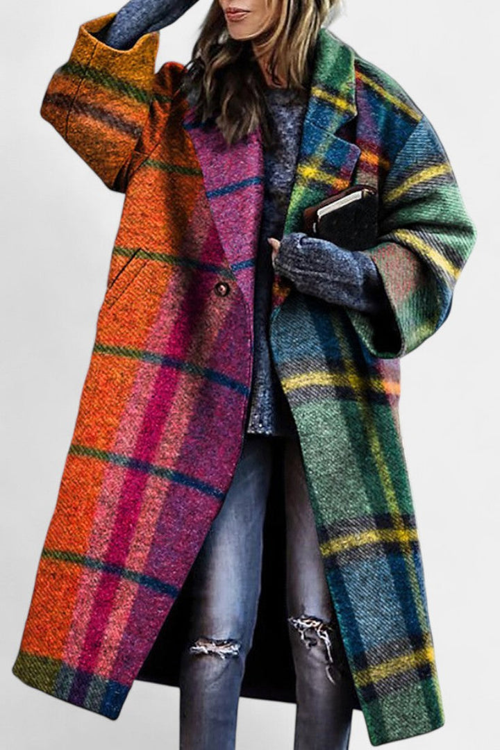 Suhana Elegant Notched Collar Checkered Coat in Contrasting Colors