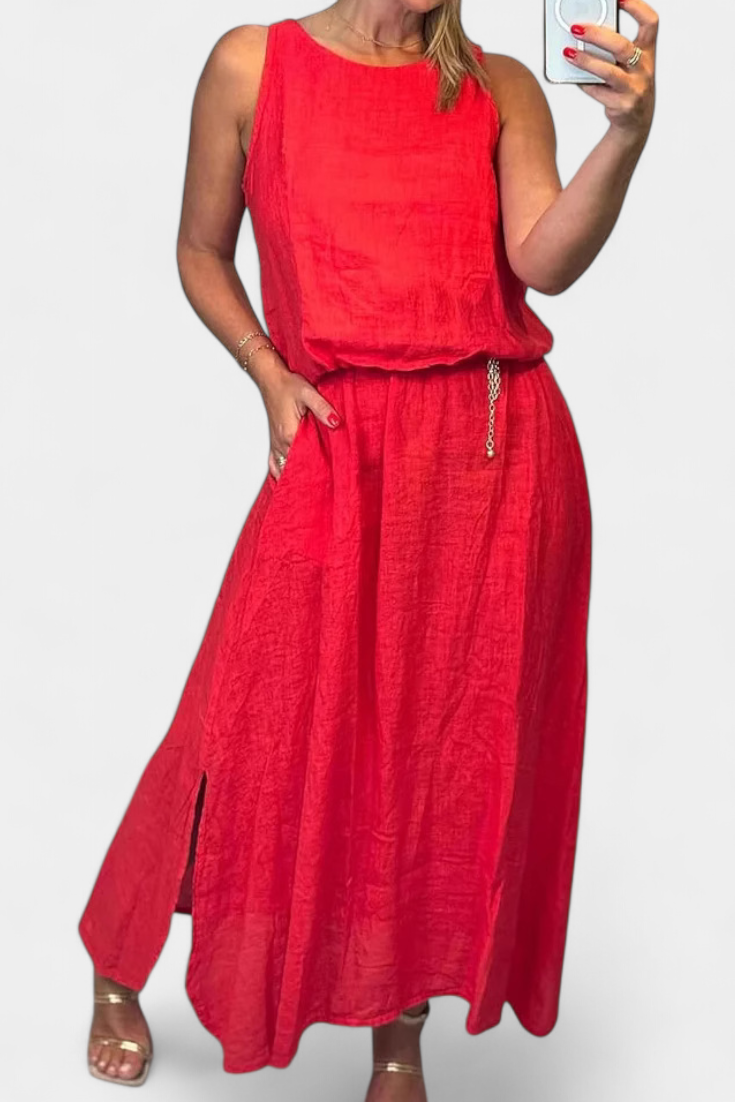 Meliora Linen-Cotton Set with Sleeveless Vest and Maxi Skirt