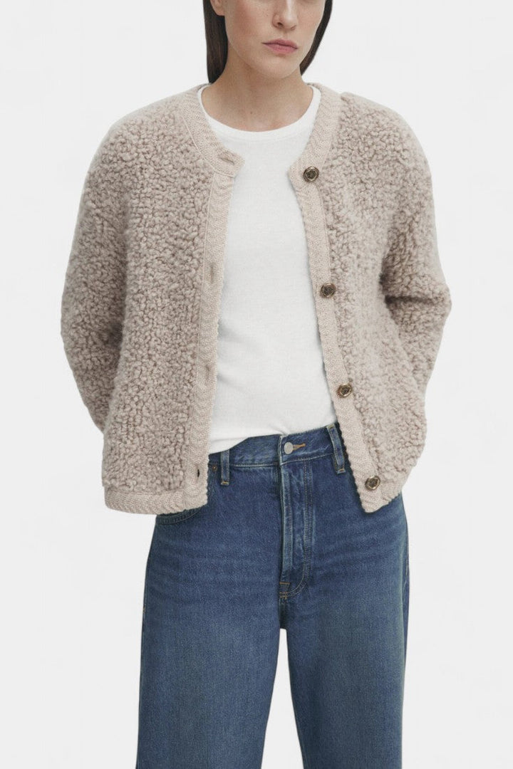 Chenda Button-Up Plush Cardigan with Ribbed Accents