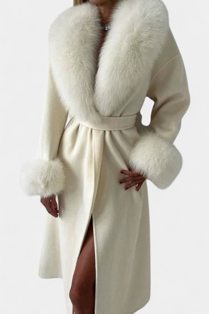 Lalie Long Coat with Faux Fur Trim and Belt