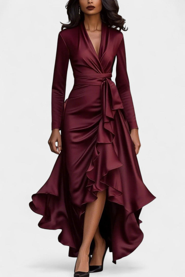 Isabeau Satin Dress featuring Ruffled Hem and Adjustable Belt