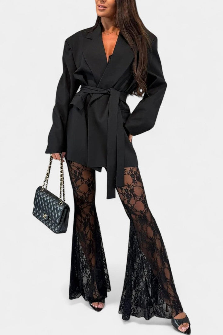 Demelza Set: Belted Blazer with Floral Lace Mermaid Trousers