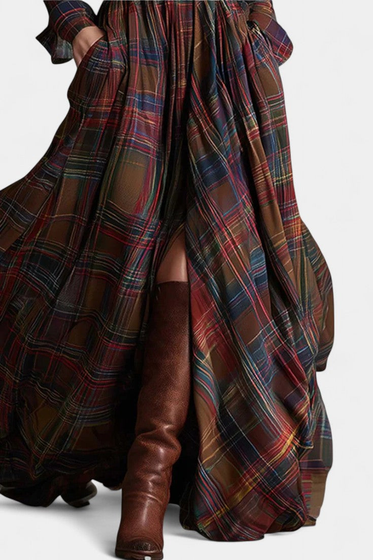 Eustelle Brown and Reddish Checkered Maxi Dress with Collar