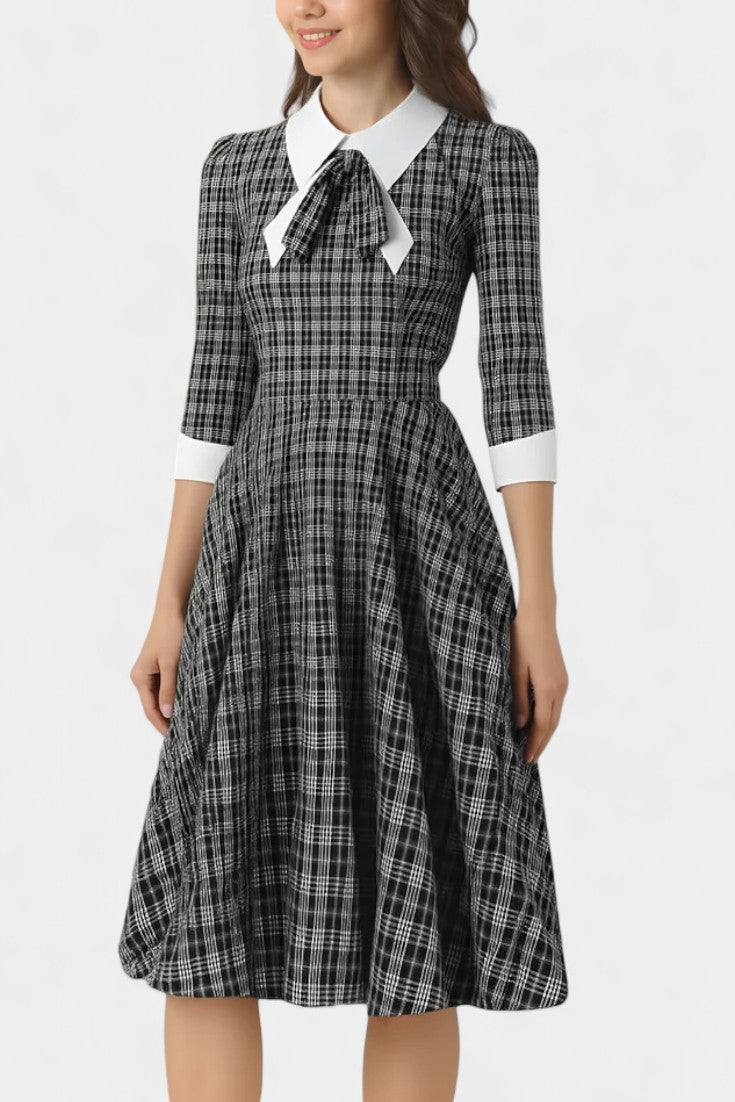 Natacha Checkered Midi A-Line Dress with Collar and Bow Detail