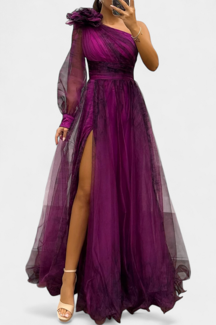 Becca Asymmetrical Chiffon Dress with Elegant Floral Detail