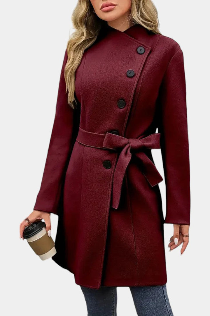 Yuliana Long Button-Up Coat with Adjustable Waist Tie